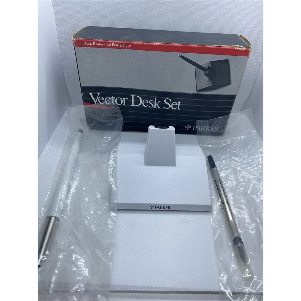 Parker Vector Desk Set Vintage 1985 Base, Roller Ball Pen With Black Ink New